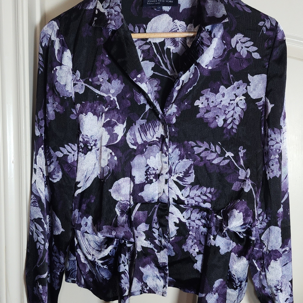 Jones New York Floral Tie Waist Blouse Top Shirt Size S Purple Button Workwear